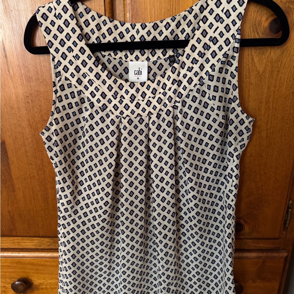 CAbi White and Blue Pleated Blouse